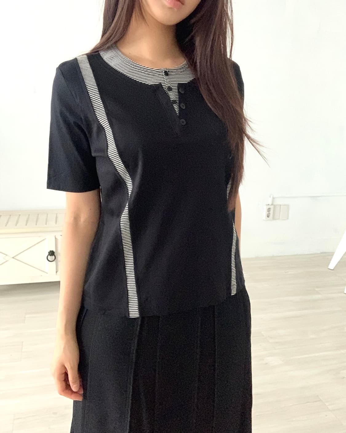 Black Striped Layered Short Sleeve Top 상품이미지2