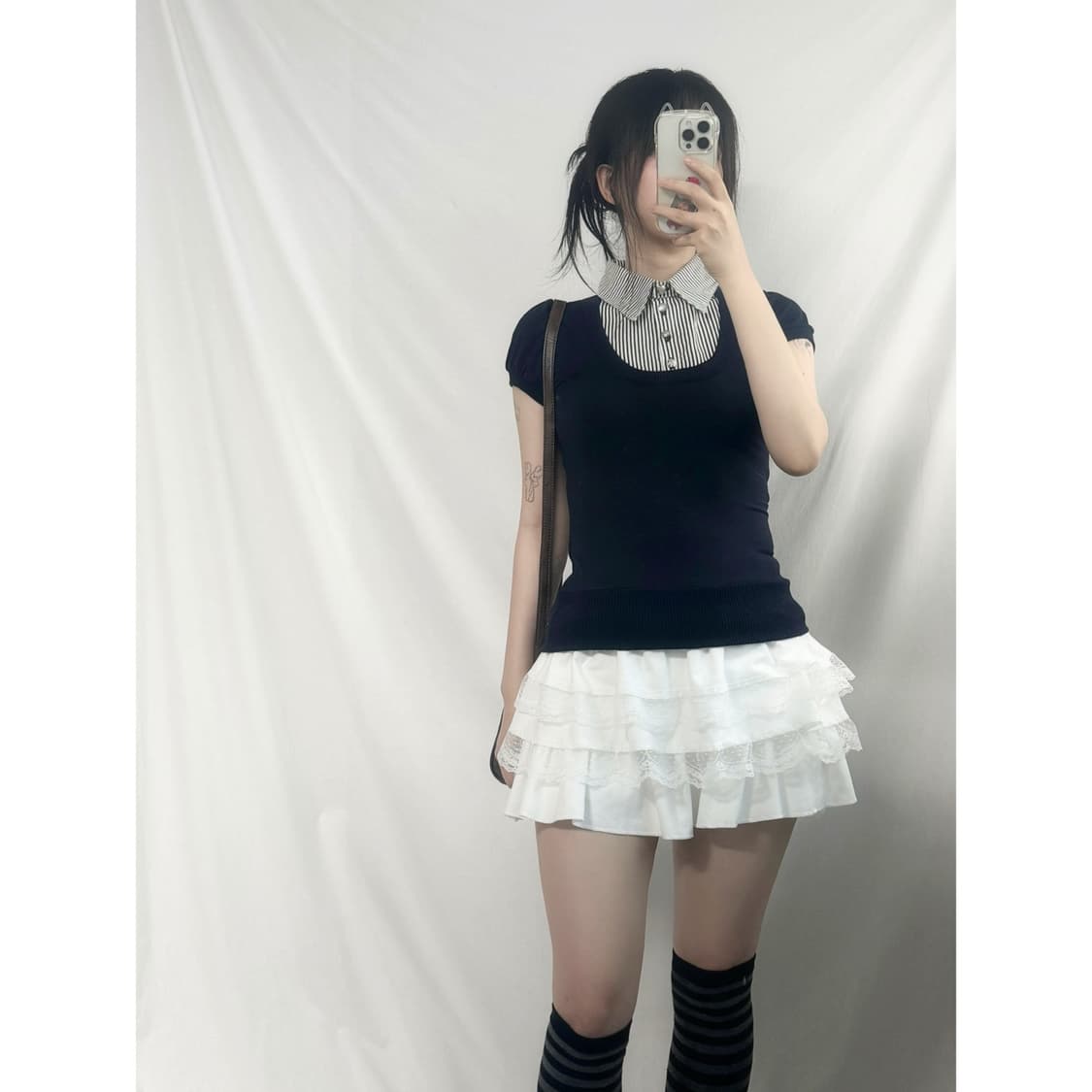 스트라이프 패턴 레이어드 셔츠 하프 슬리브 탑 상품이미지1