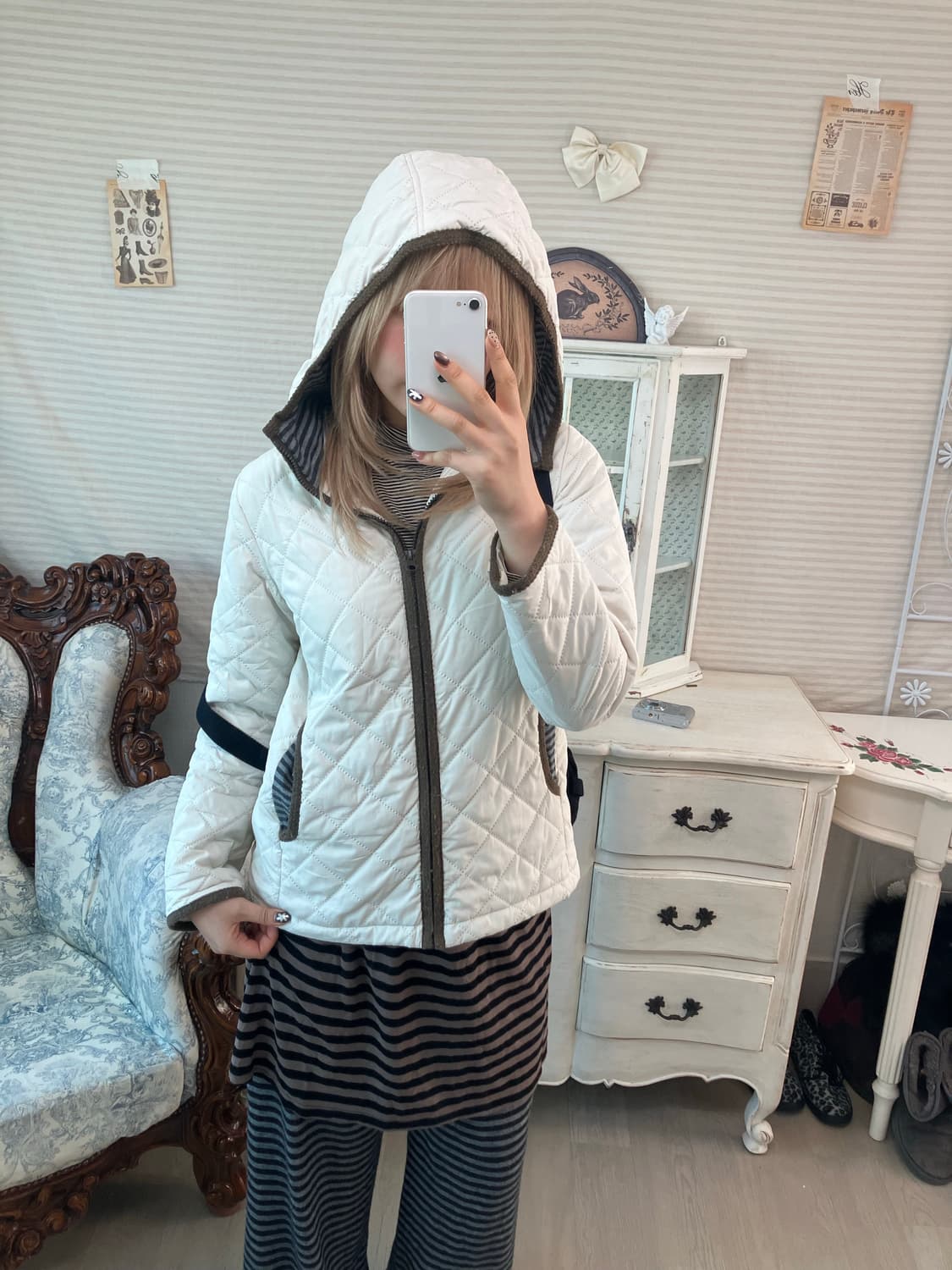 일본빈티지 아이보리 모리 누빔 스트라이프 경량패딩 상품이미지1