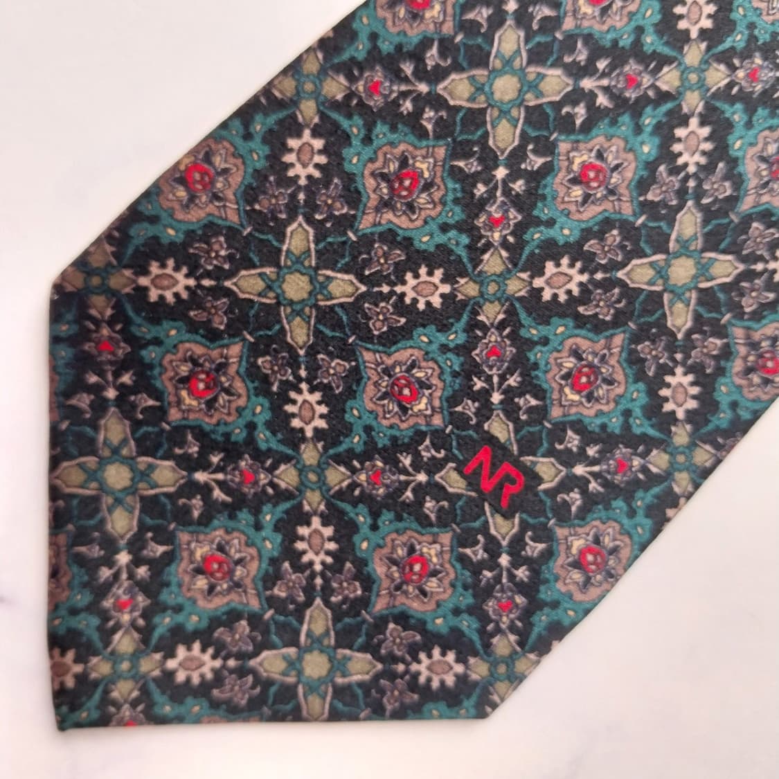 니나리치 블랙 그린 패턴 넥타이 8.2cm S~A+등급 K2441 상품이미지6