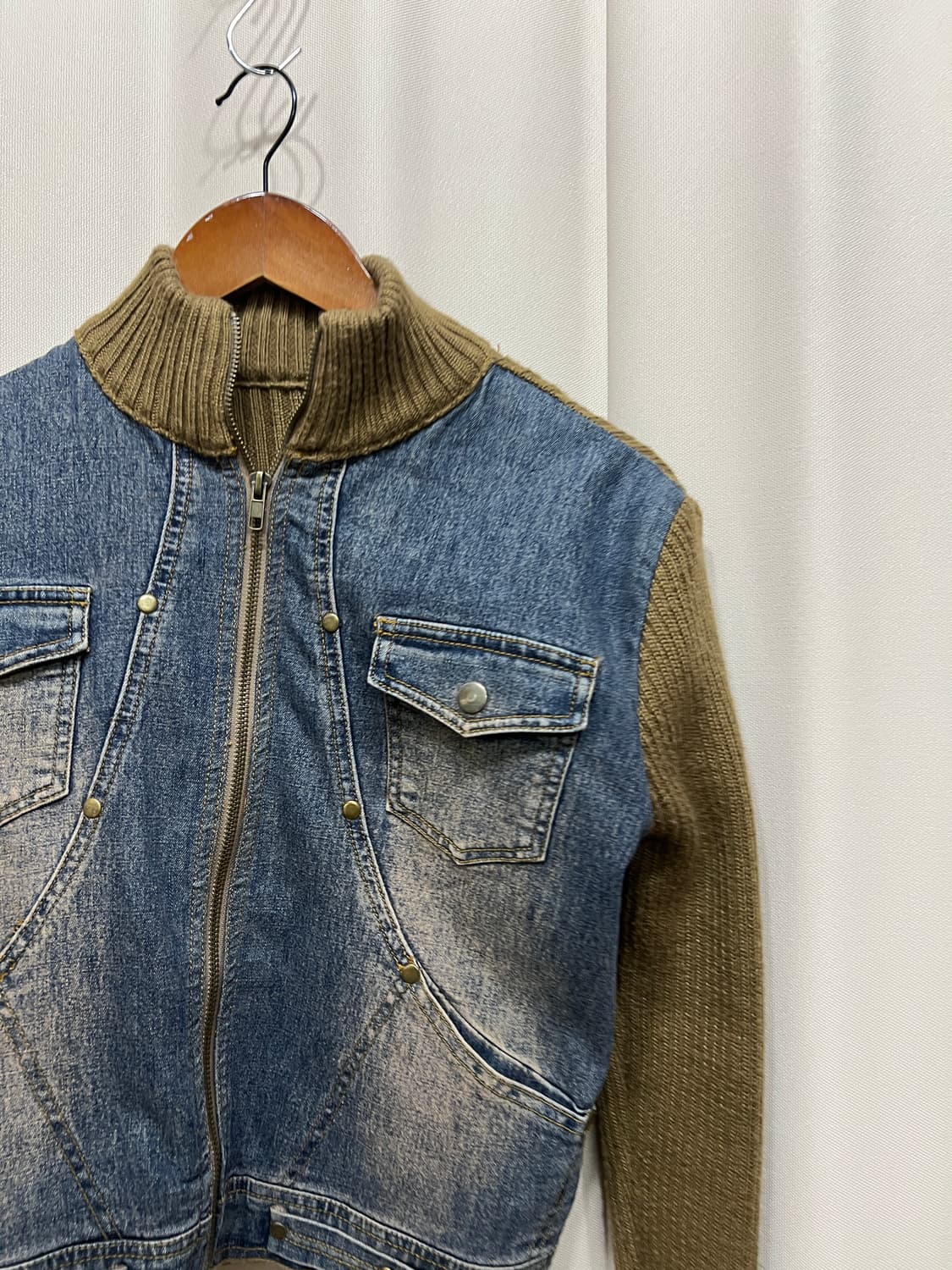 빈티지 여성 니트 레이어드 워싱 데님자켓  상품이미지3