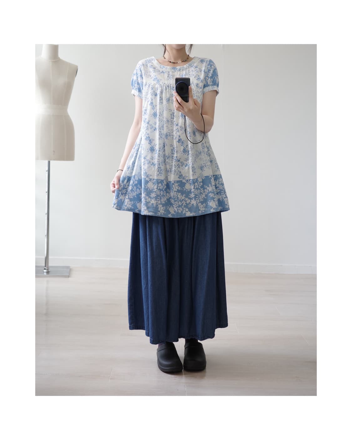 Pyumosso blue&white flower smock dress 상품이미지1