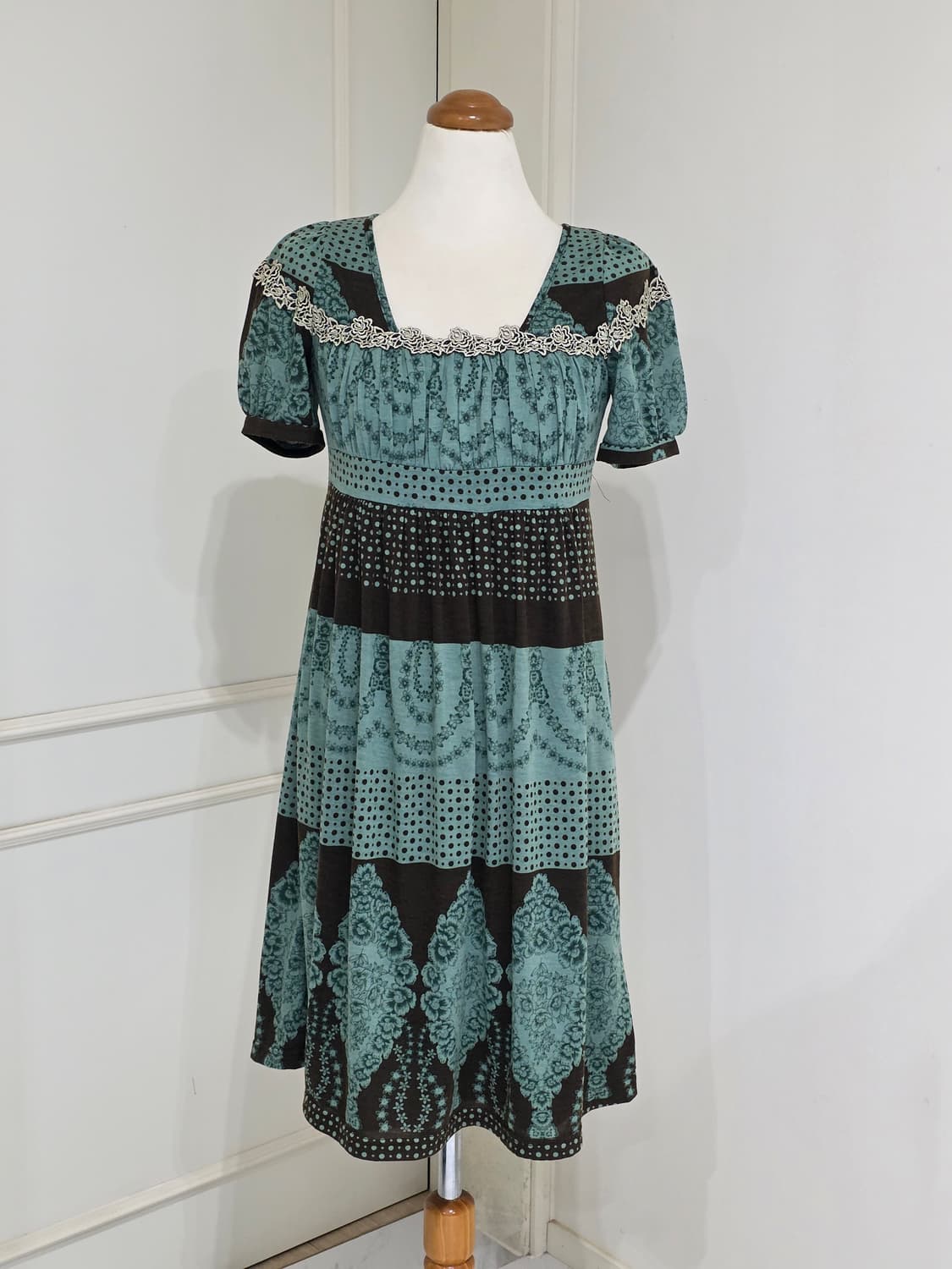일본빈티지)스즈코모리걸 민트초코라떼갸루 레이스 에스닉 퍼프 로걀원피스 상품이미지1