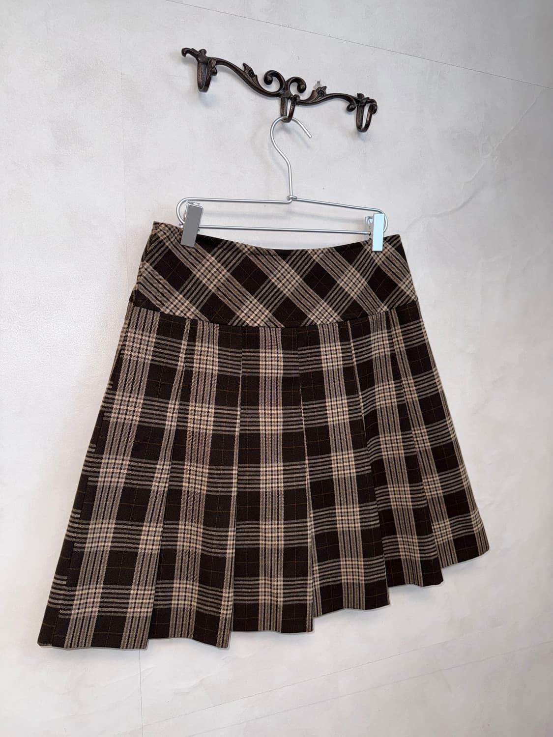 Dark brown check wool pleats midi skirt 상품이미지2