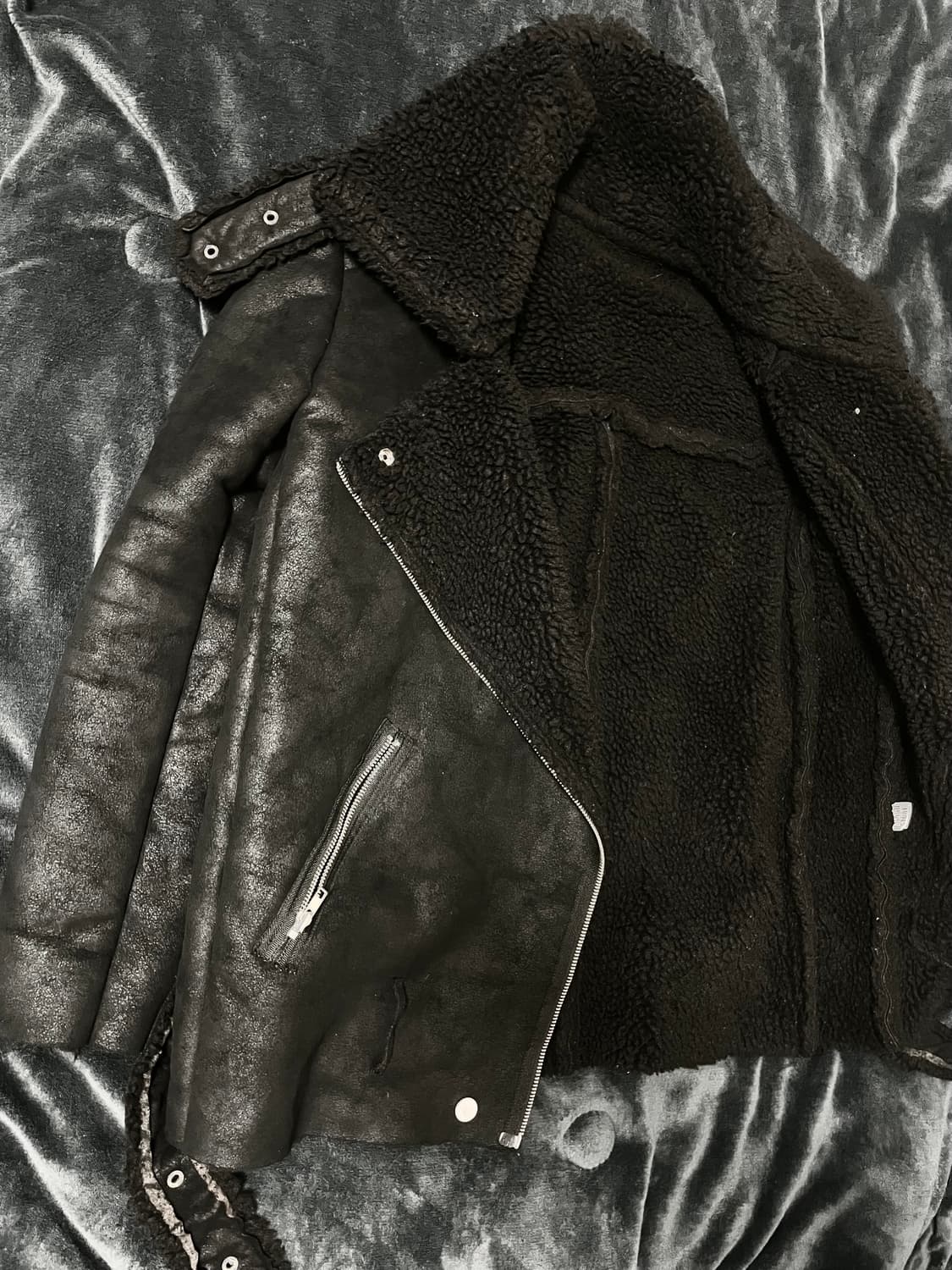 하이넥 벨티드 사선지퍼 시어링 자켓 무스탕 블랙 00s Vkei 락시크 상품이미지10