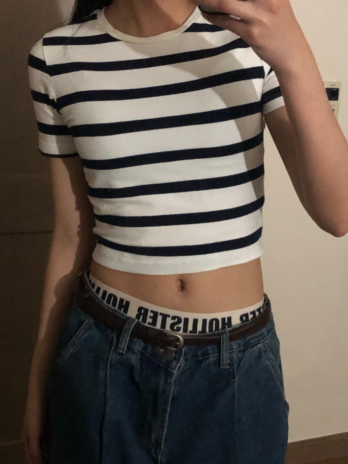 자라 스트라이프 크롭 면 반팔티 화이트/네이비 상품이미지2