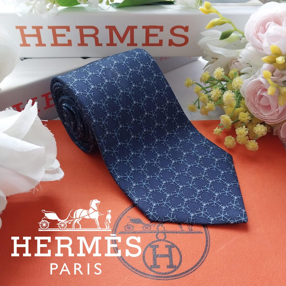 에르메스 실크 네이비 패턴 넥타이 9cm B등급 K2444 상품이미지1