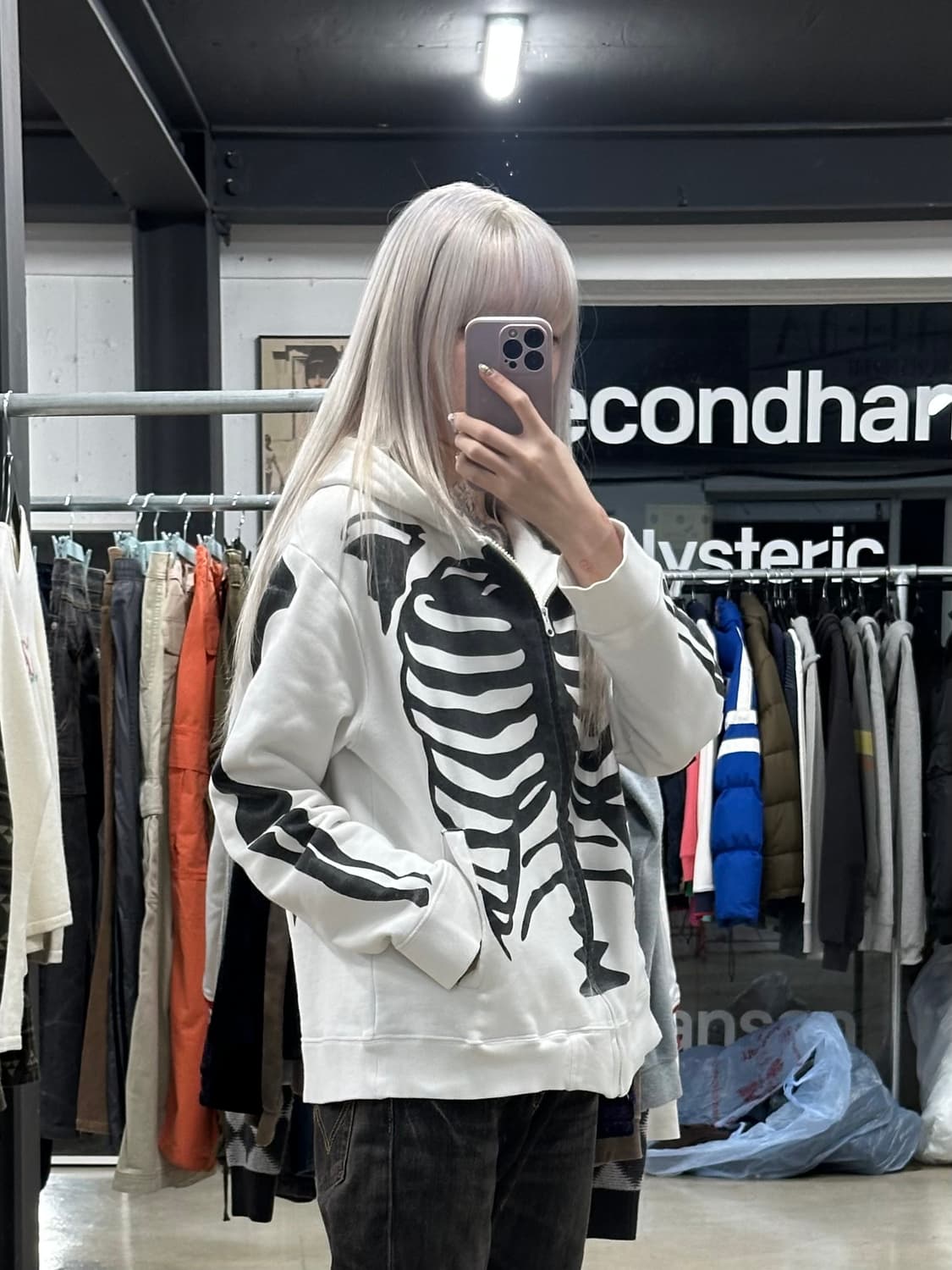  벤슨 레더 본 스켈레톤 화이트 후드 집업 상품이미지1