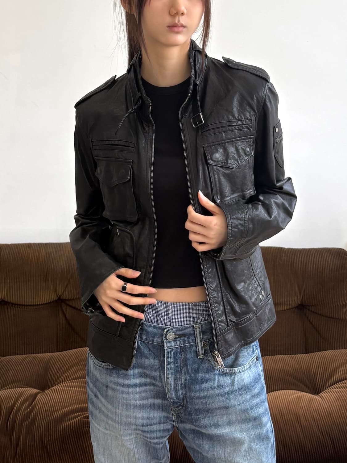 멀티 포켓 빈티지 레더 자켓 상품이미지3