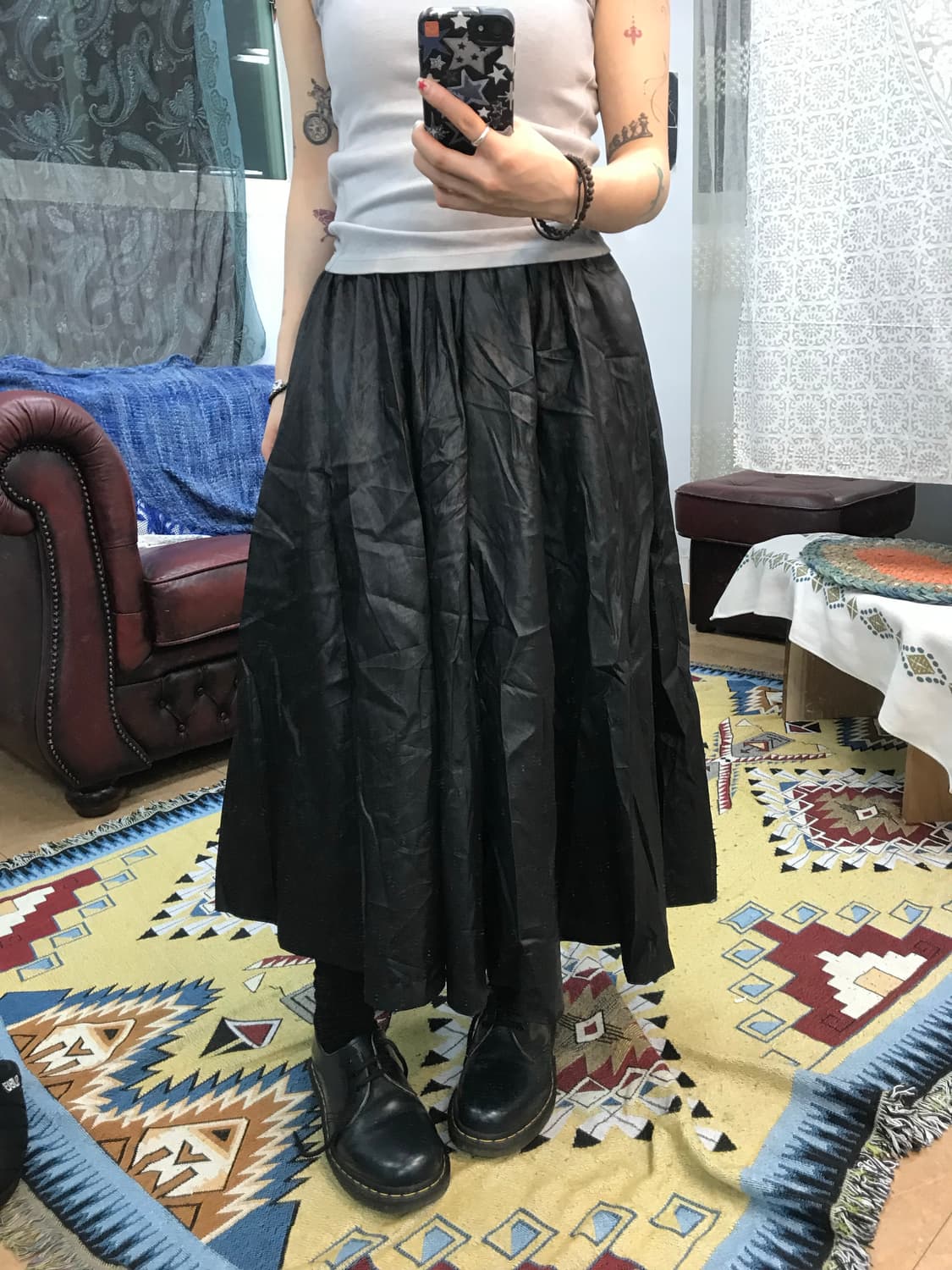 빈티지 여성 블랙 코팅 롱 스커트  상품이미지1