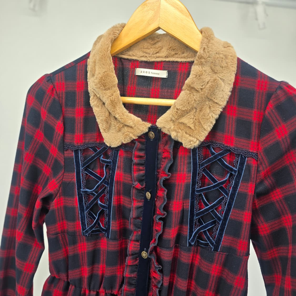 AXESFEMME 체크 원피스 퍼 카라 장식 상품이미지3