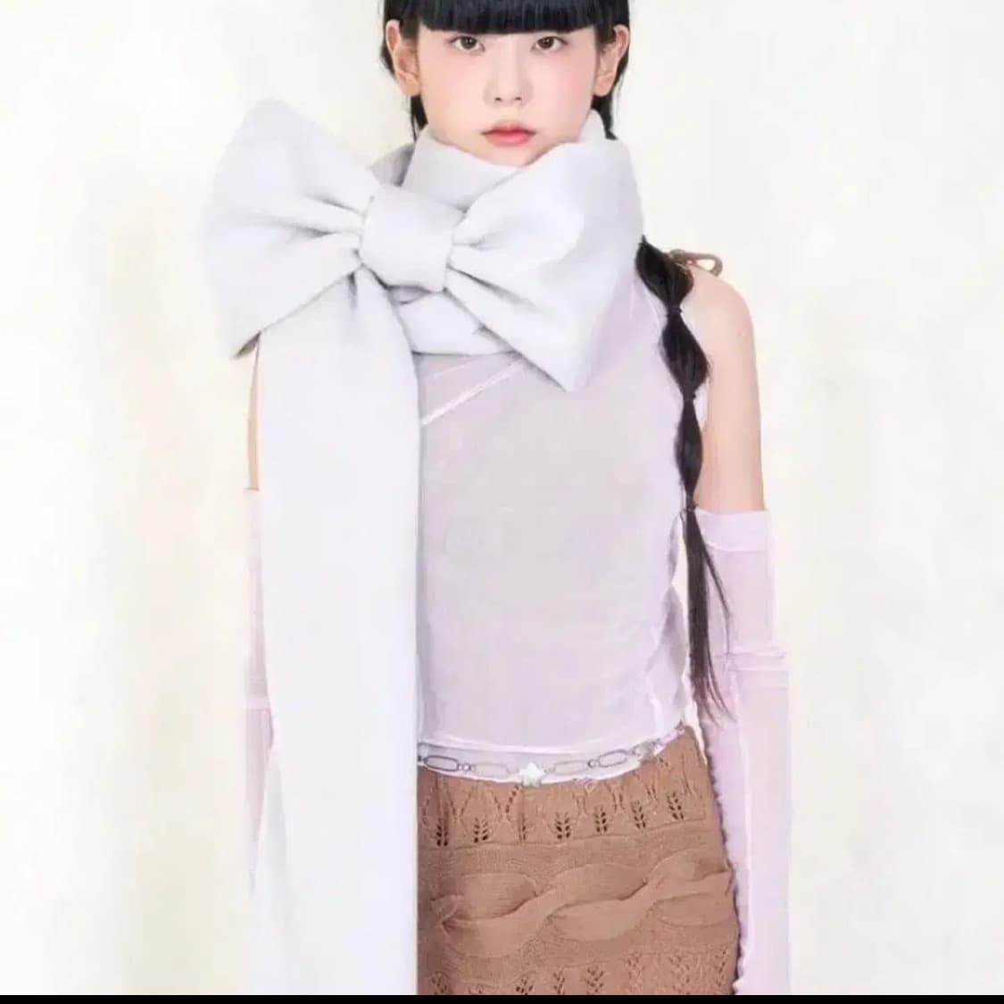 새상품) 핀쿠노마루 리본 머플러 화이트그레이 상품이미지2