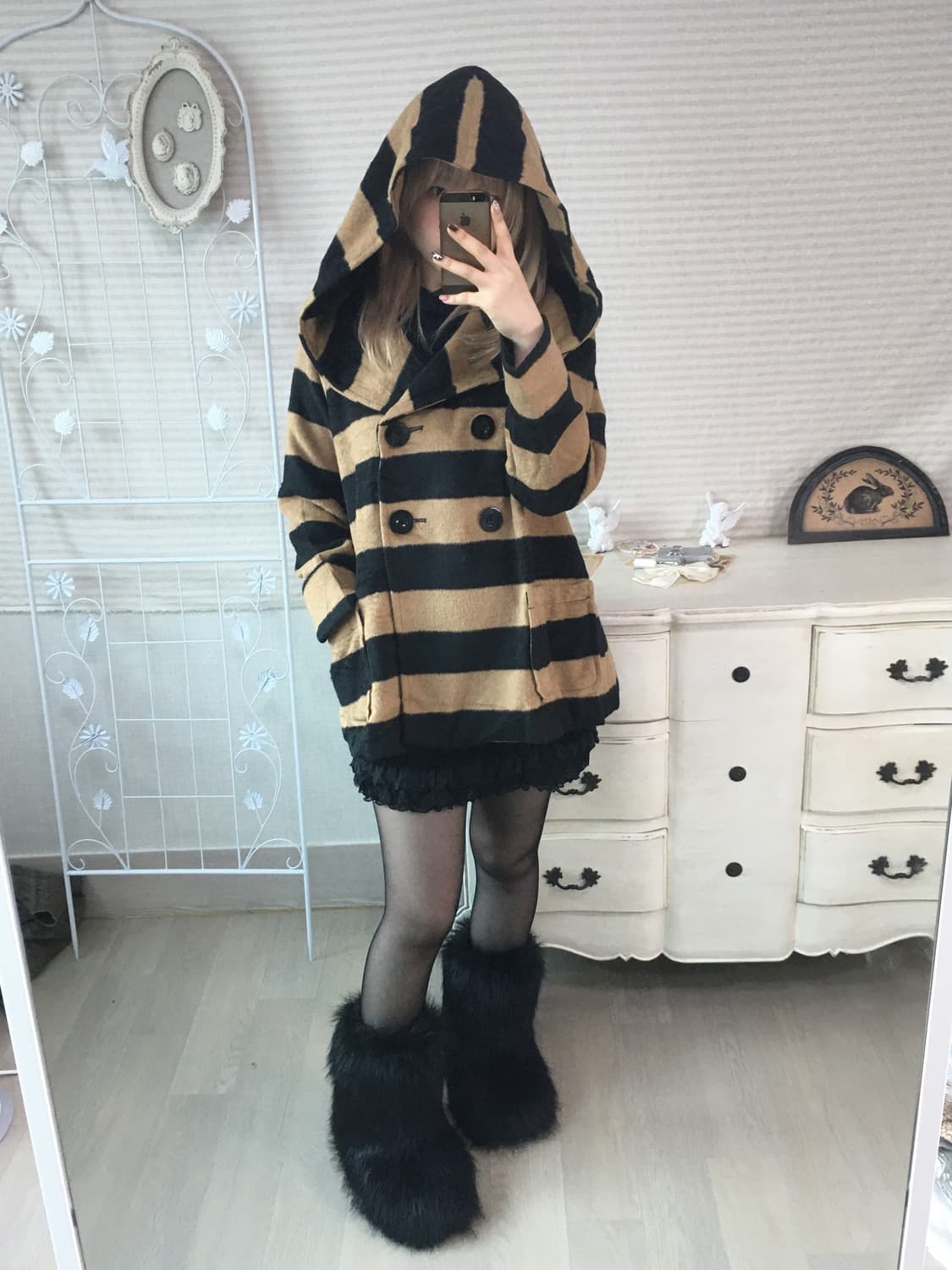 일본빈티지 카멜블랙 스트라이프 후드 코트 상품이미지4