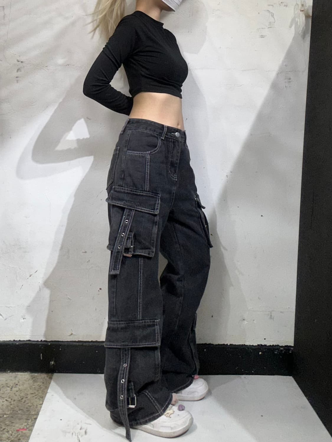 Poem 빈티지 흑청 멀티 포켓 유틸리티 와이드 카고 데님 팬츠 L 상품이미지1