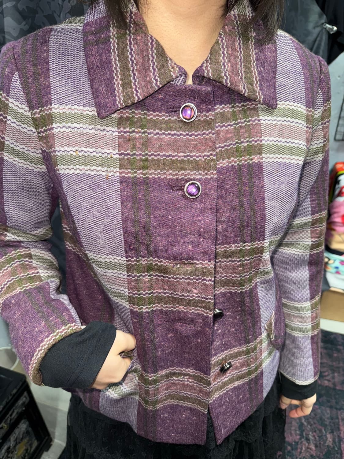 빈티지 퍼플 체크 엔틱단추 자켓 상품이미지4
