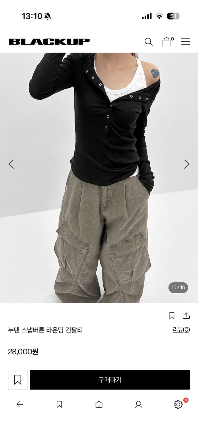 블랙업 누런 스냅버튼 라운딩 긴팔티 블랙 상품이미지2