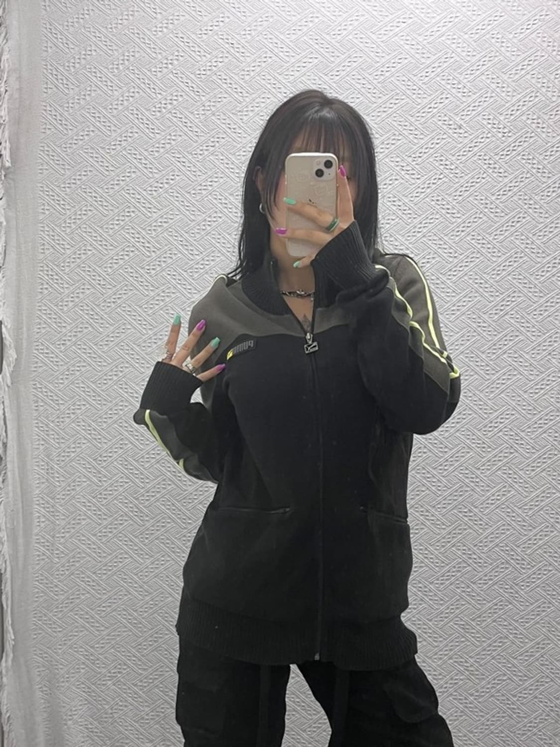 푸마 레트로 슬리브 배색 후드 집업 니트 가디건 L C07363 상품이미지2