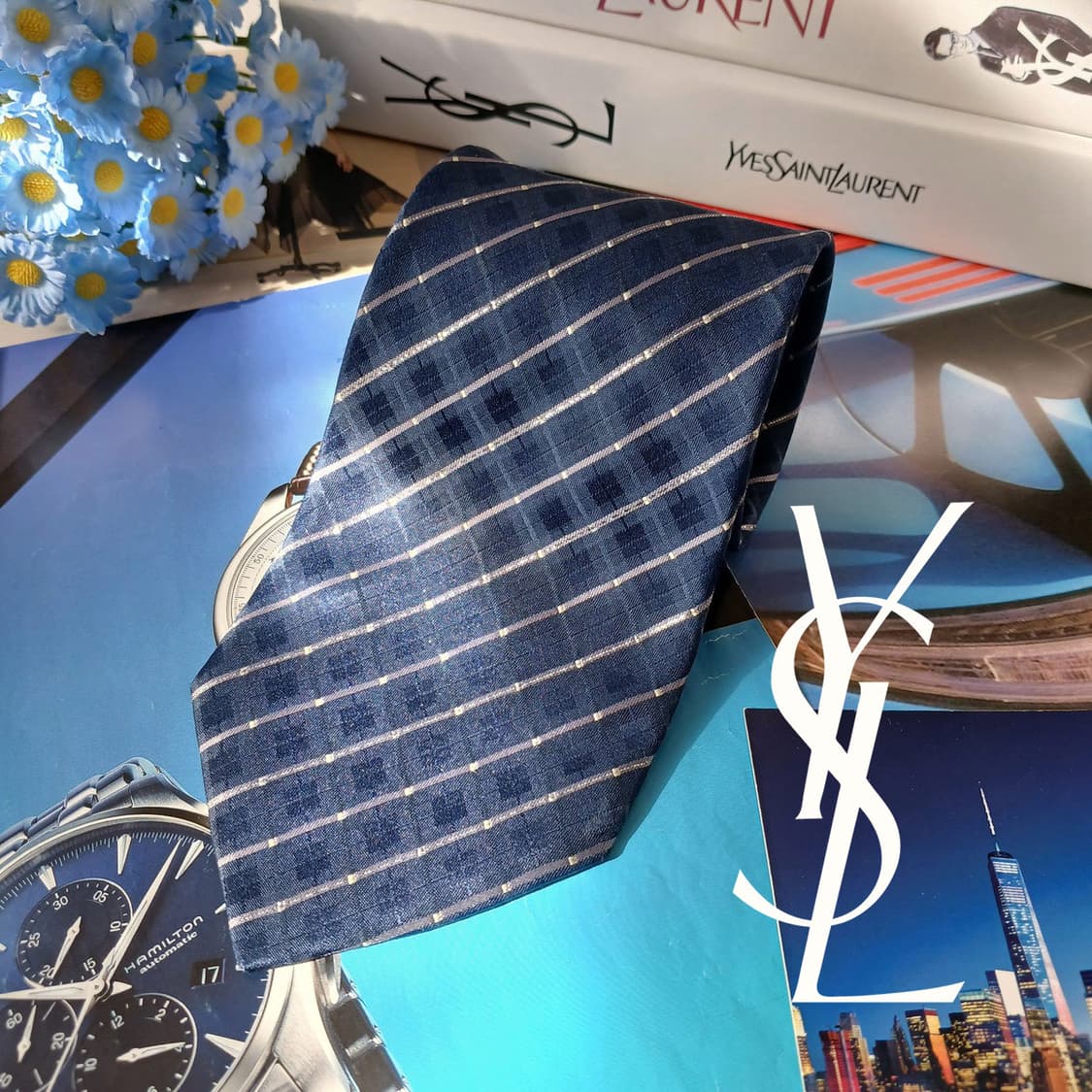 입생로랑 실크 네이비 스트라이프 넥타이 9.7cm A+등급 A19593
 상품이미지2