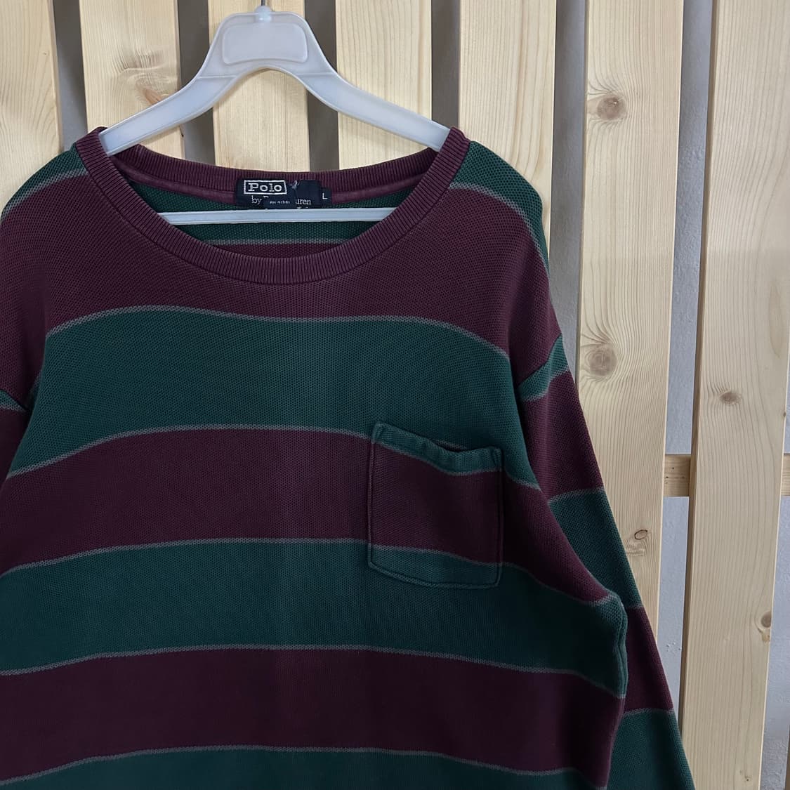 (L) 폴로 랄프로렌 버건디 딥그린 스트라이프 포켓 롱슬리브 티셔츠 상품이미지3