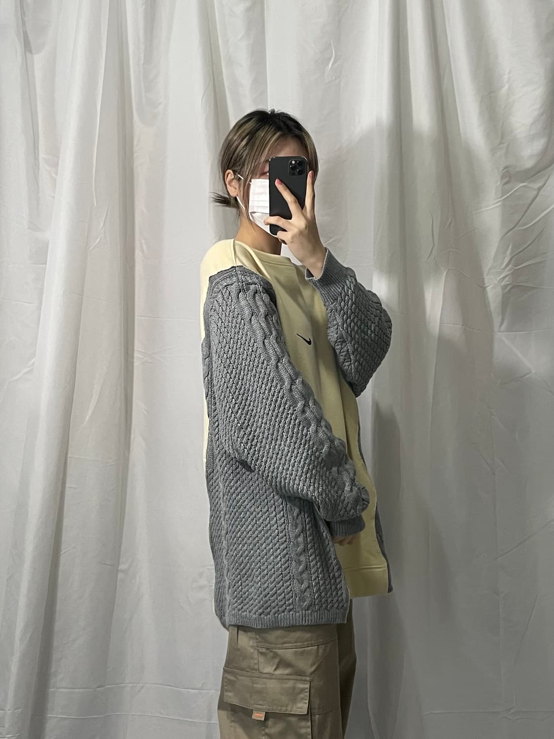 나이키 아이보리 그레이 니트 오버로크 맨투맨 XL 상품이미지2