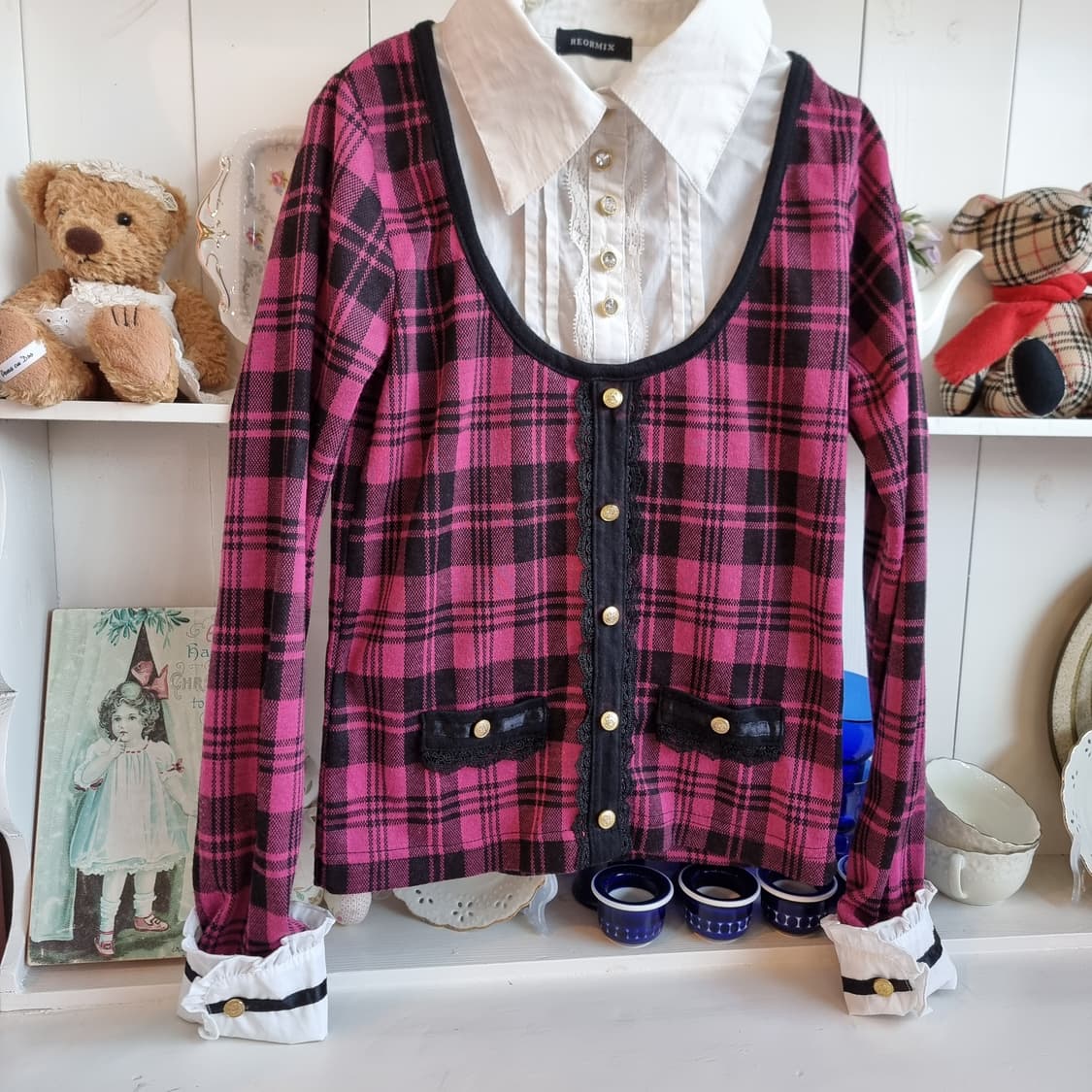 핑크 체크 블라우스 가디건 셋업탑 상품이미지3