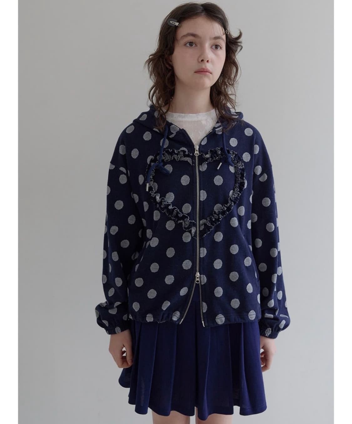 펀프롬펀 프릴 도트 하트 후드집업 네이비 상품이미지1
