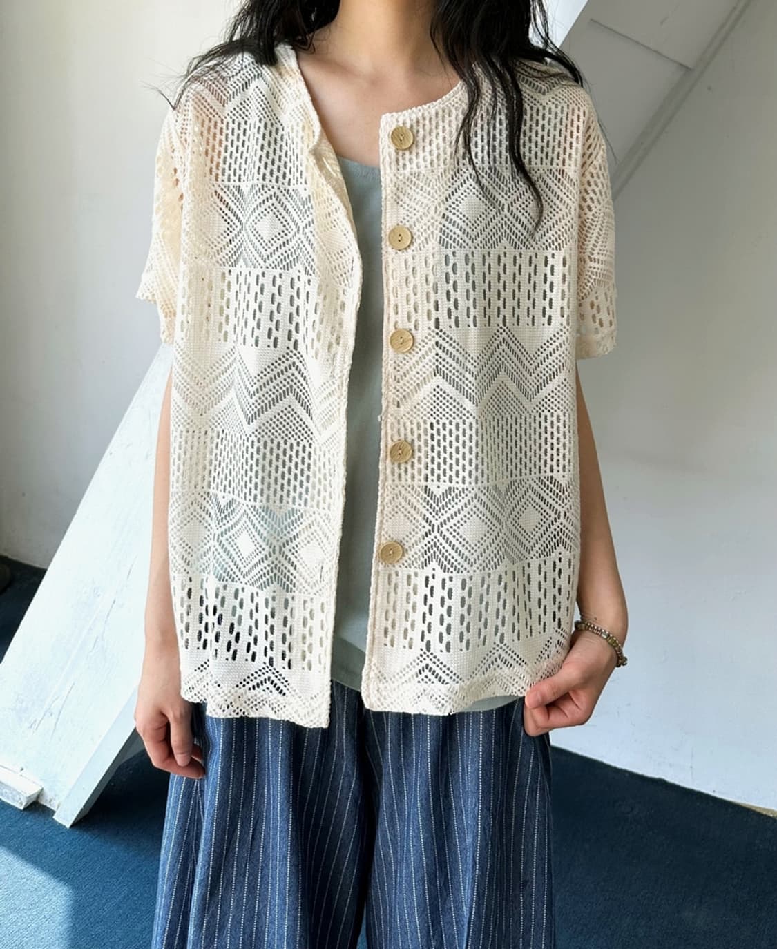 Cotton blend punch knit button top 상품이미지6