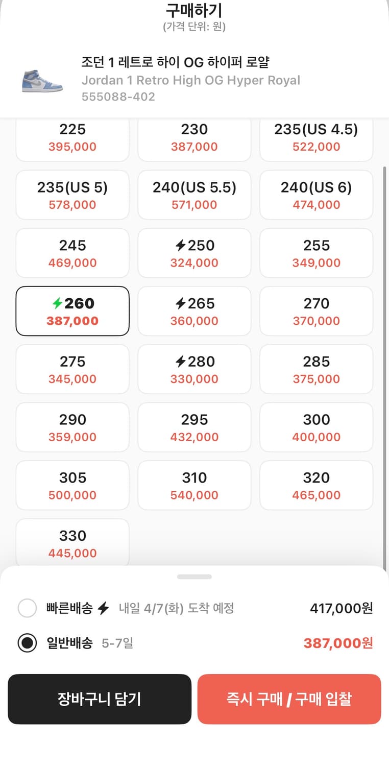 조던 1 레트로 하이 OG 하이퍼 로얄(260) 상품이미지2