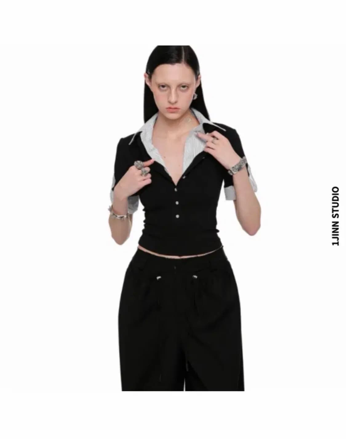 원진스튜디오 1jinn studio 티셔츠 페이크 투피스 카라넥 블랙 상품이미지1