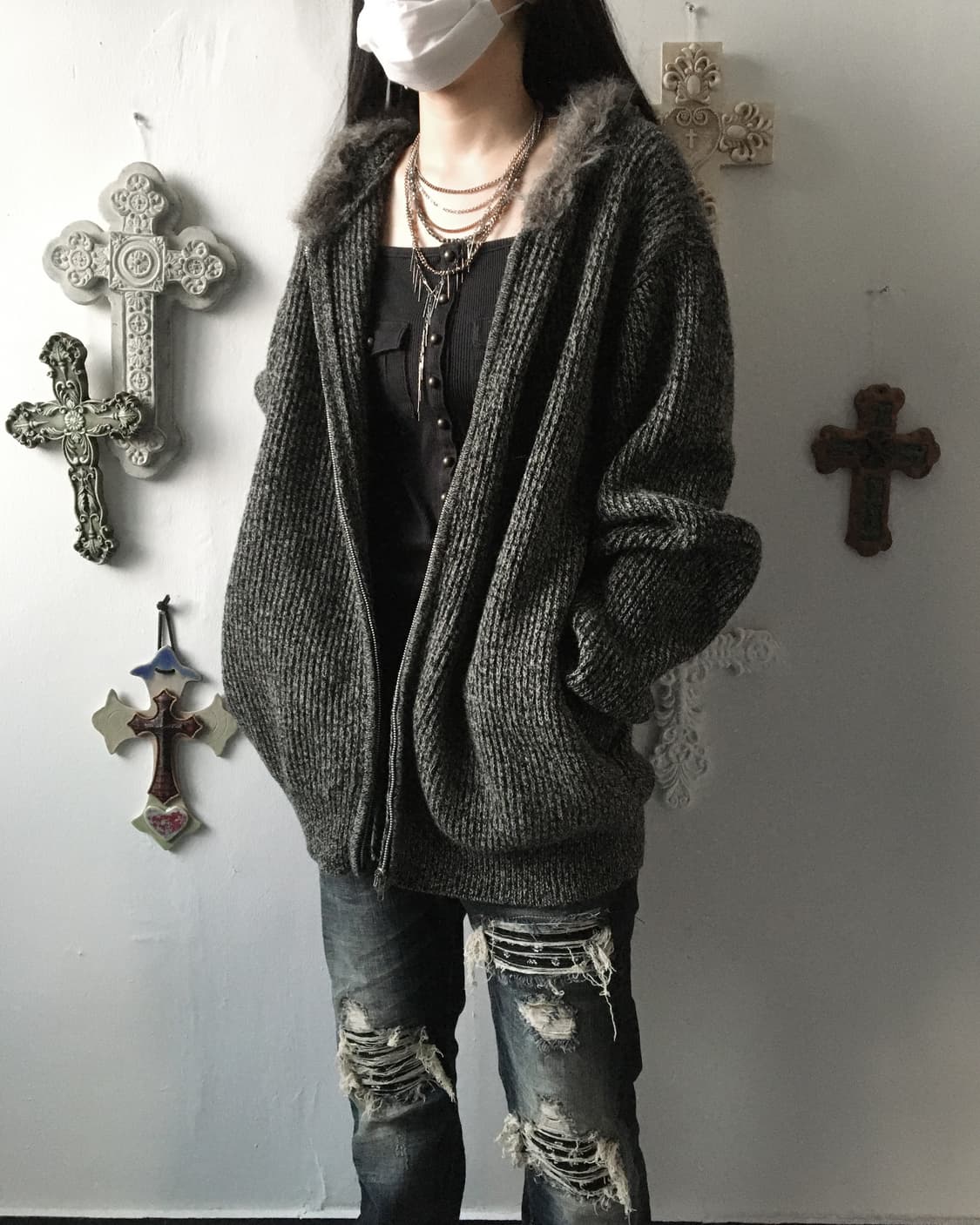 Fake fur hood ribbed knit zip up 상품이미지1