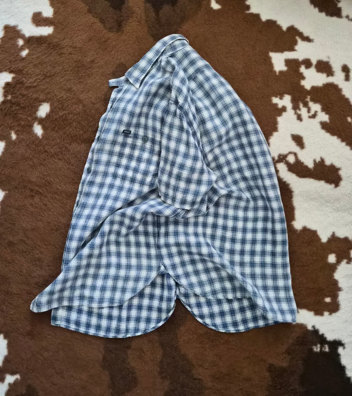 폴로 랄프로렌 남성용 린넨 반팔 연블루 체크 셔츠(XL) 상품이미지4