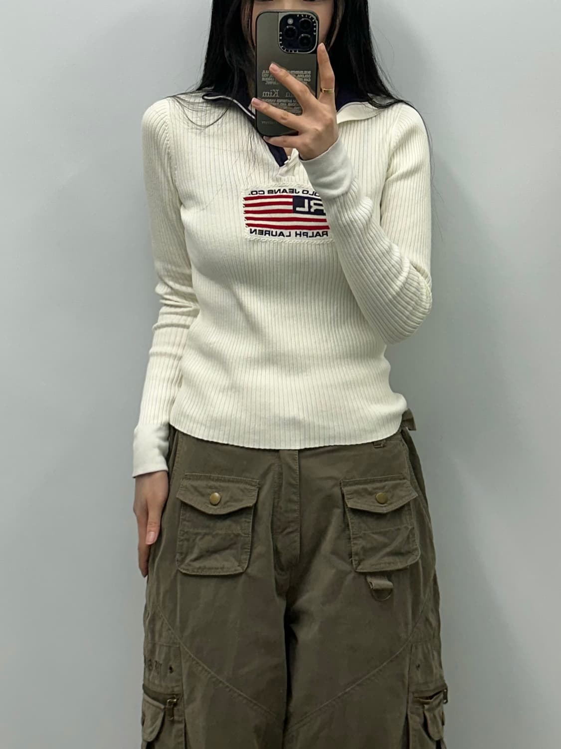 폴로 진스 성조기 화이트 골지 반집업 니트 상품이미지1