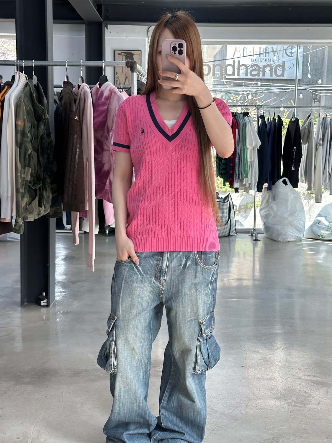 폴로랄프로렌 꽈배기 케이블 브이넥 반팔니트 핑크 상품이미지2