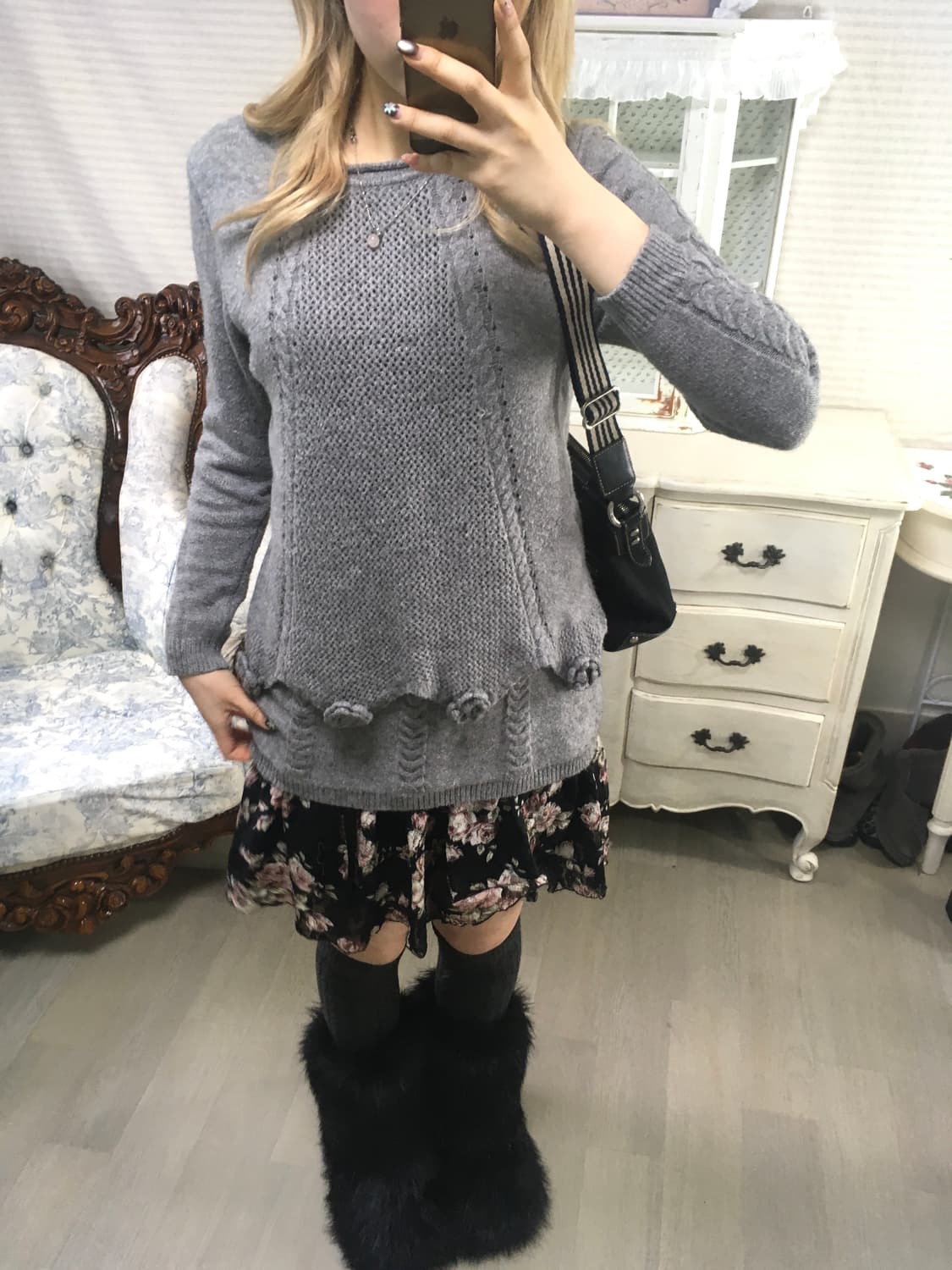 jpn vintage gray crochet flower layered  상품이미지4