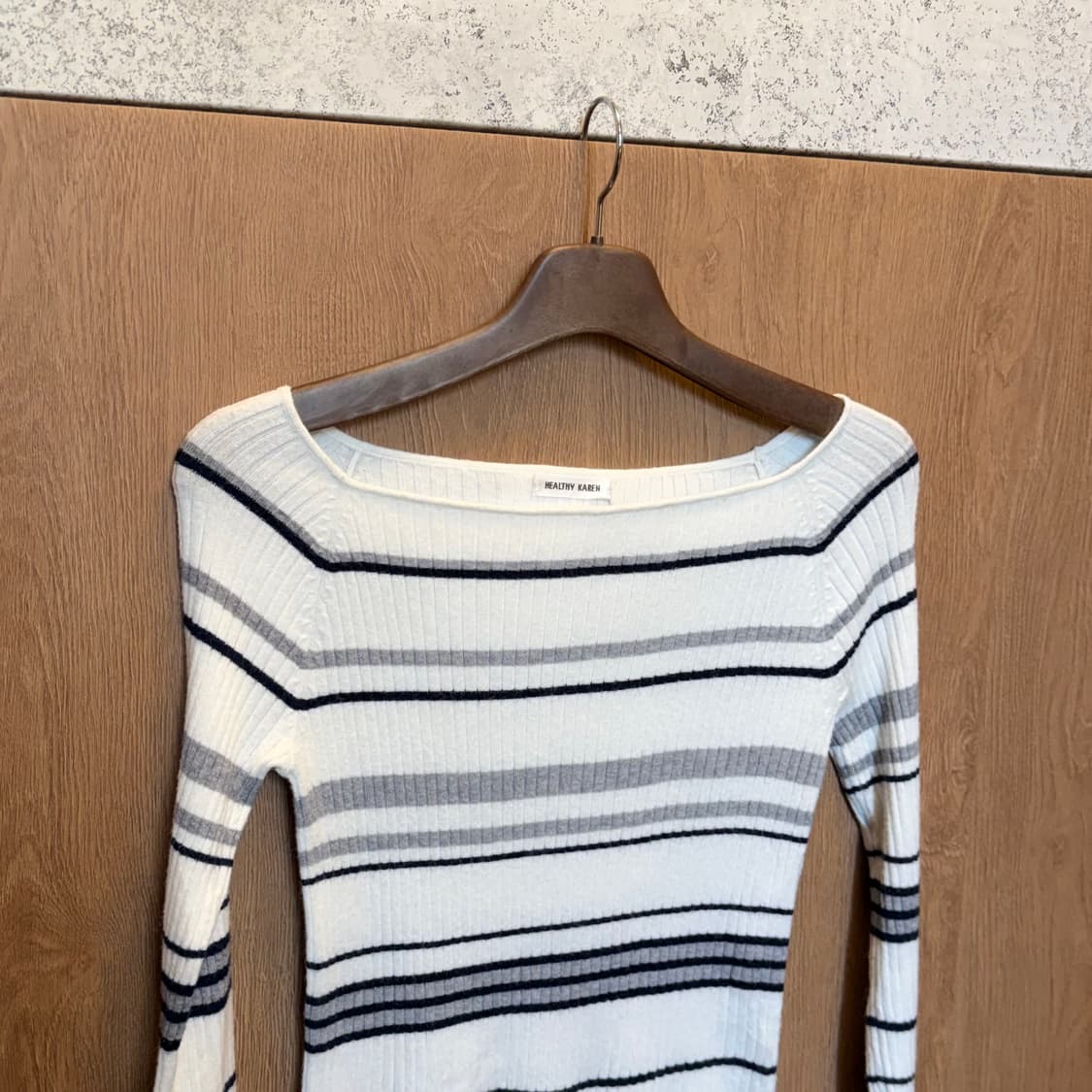 빈티지 보트넥 골지 니트 스트라이프 패턴 디테일 슬림핏 아이보리 상품이미지7