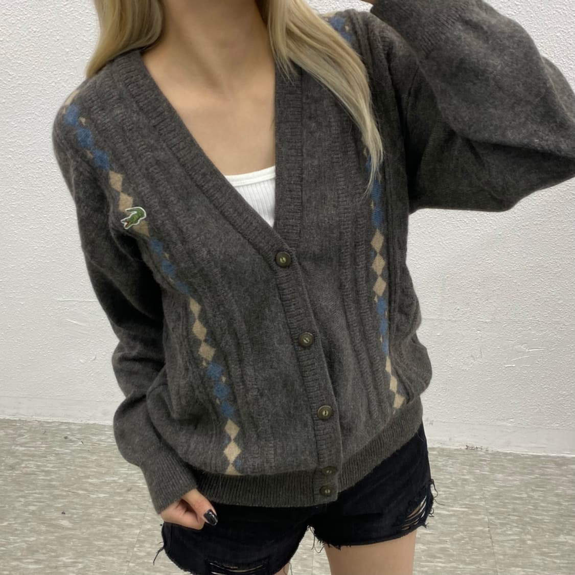 라코스테 파스텔 체크패턴 차콜 가디건 100 상품이미지1