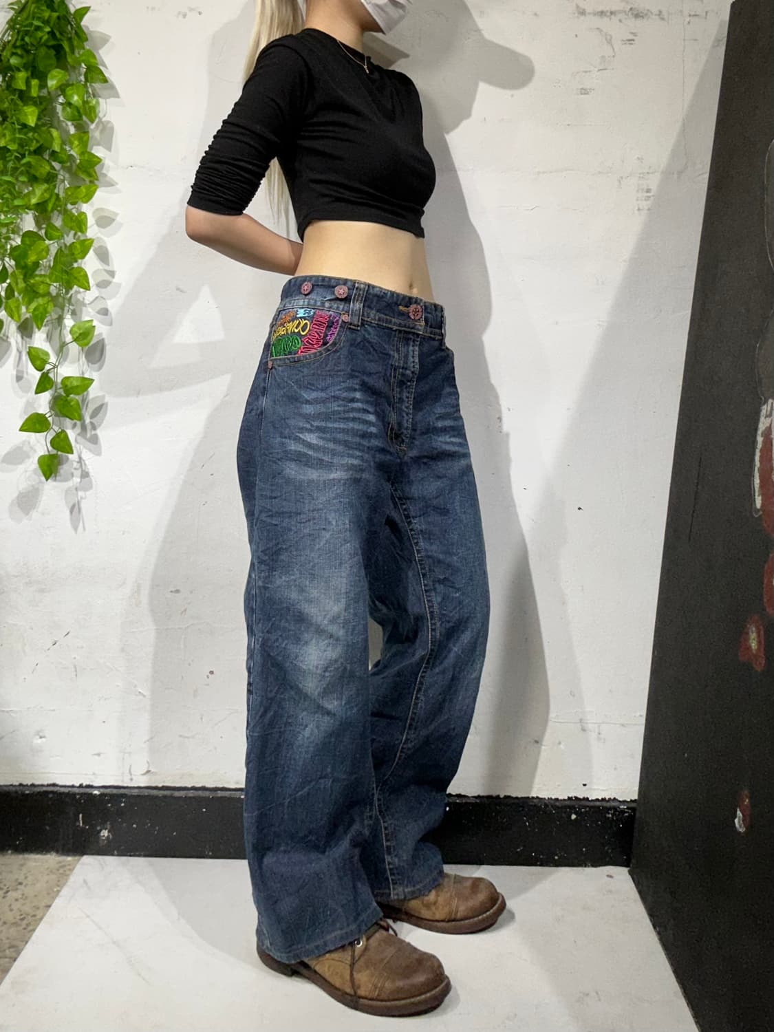 일본 빈티지 진청 자수 올드스쿨 힙합 데님 팬츠 청바지  상품이미지2