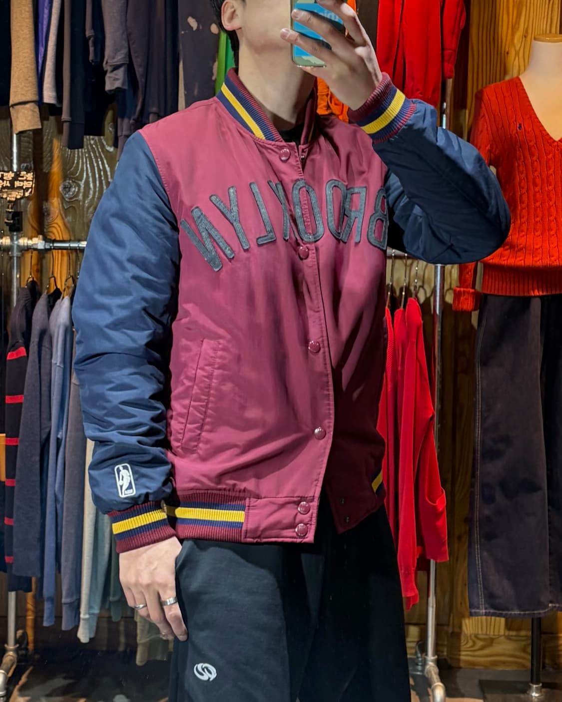 L NBA 브루클린 레터링 버건디 나일론 바시티 상품이미지1