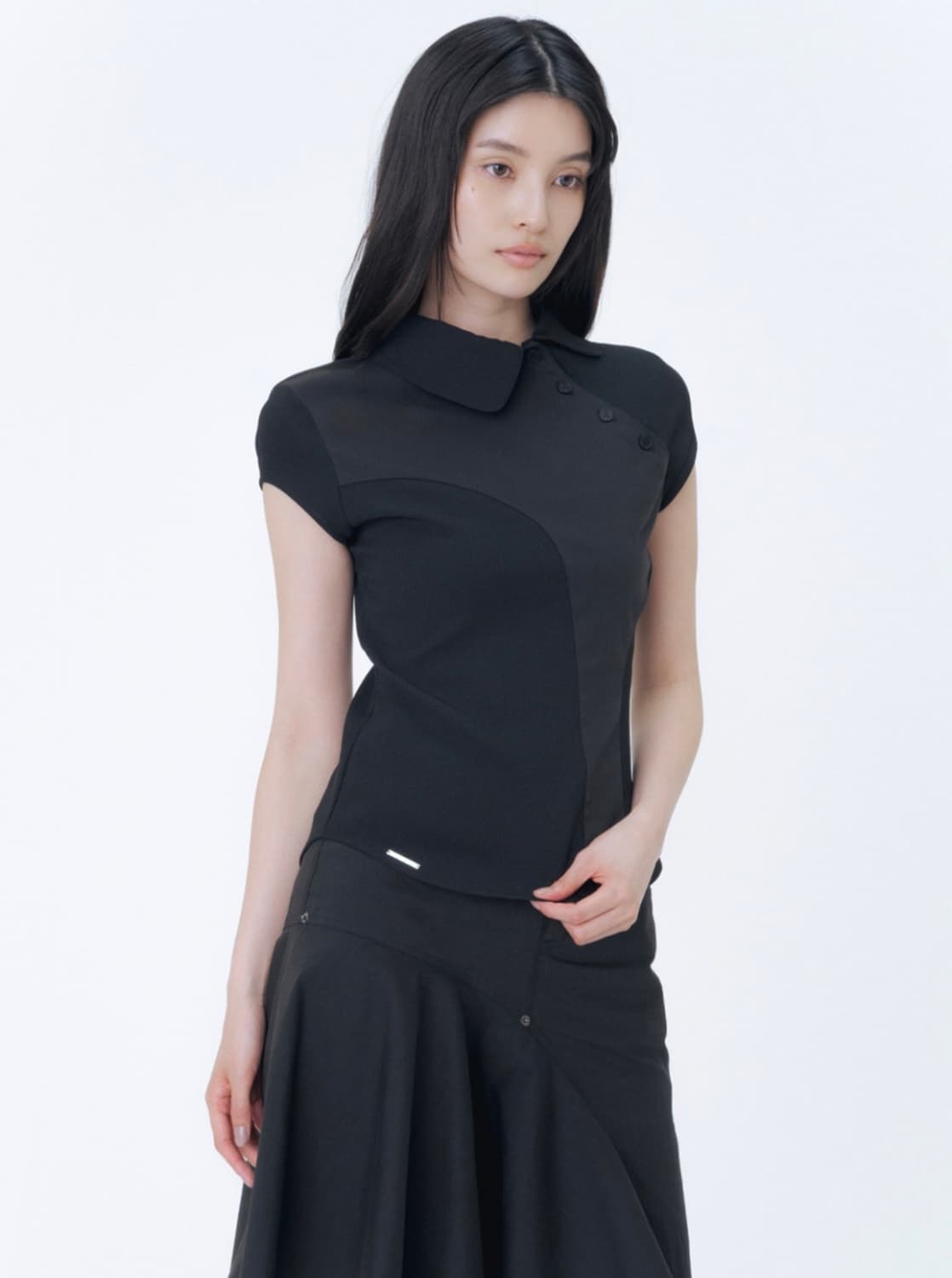Diagonal placket layered shirt BLACK 상품이미지2