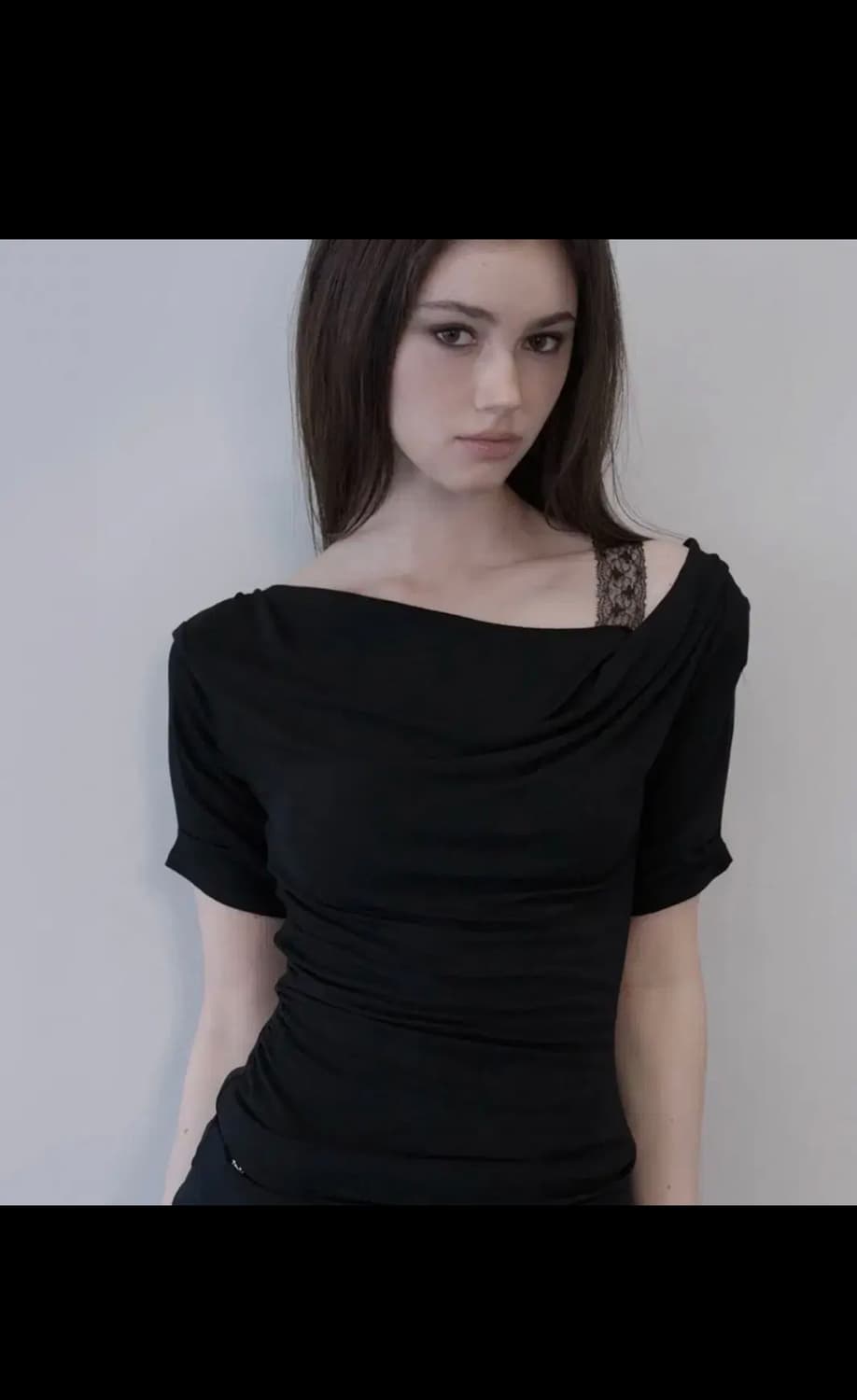 데미오 draped lace trim top black 상품이미지1