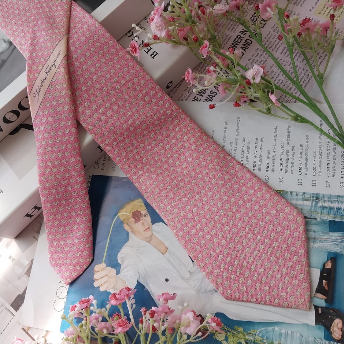 페라가모 실크 핑크 자동차 모티브 넥타이 8.8cm B등급 K2698 상품이미지3