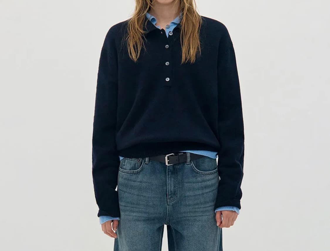 로우클래식 메리노 캐시미어 오픈 카라티 (네이비) 상품이미지1