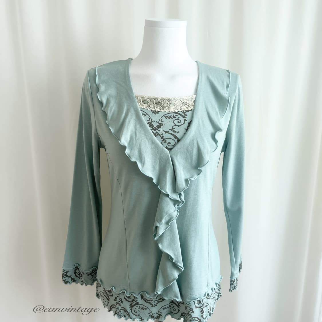 teal green pattern ruffle top 상품이미지4