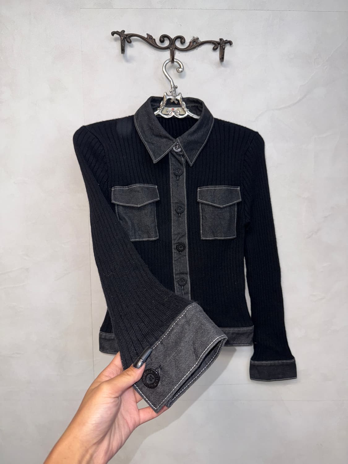 Black denim pocket pk knit button 가디건 상품이미지2