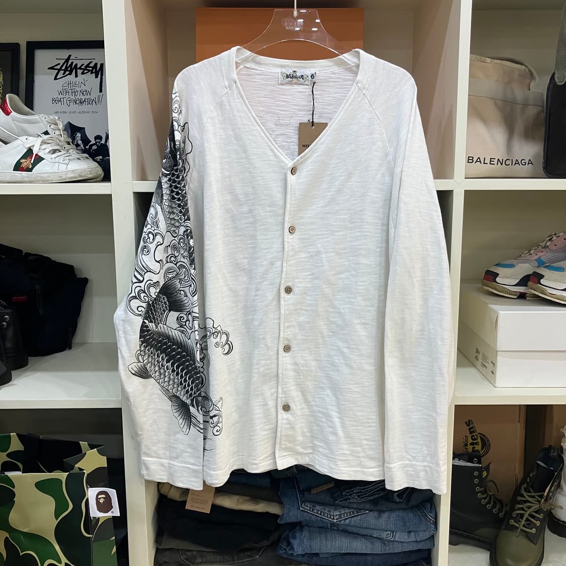 카라쿠리타마시 오리엔탈 잉어 자수 화이트 코튼 가디건 XL 상품이미지1