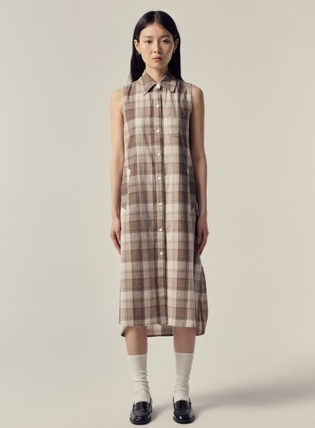 Steven Alan 체크 셔츠 원피스 브라운 상품이미지1