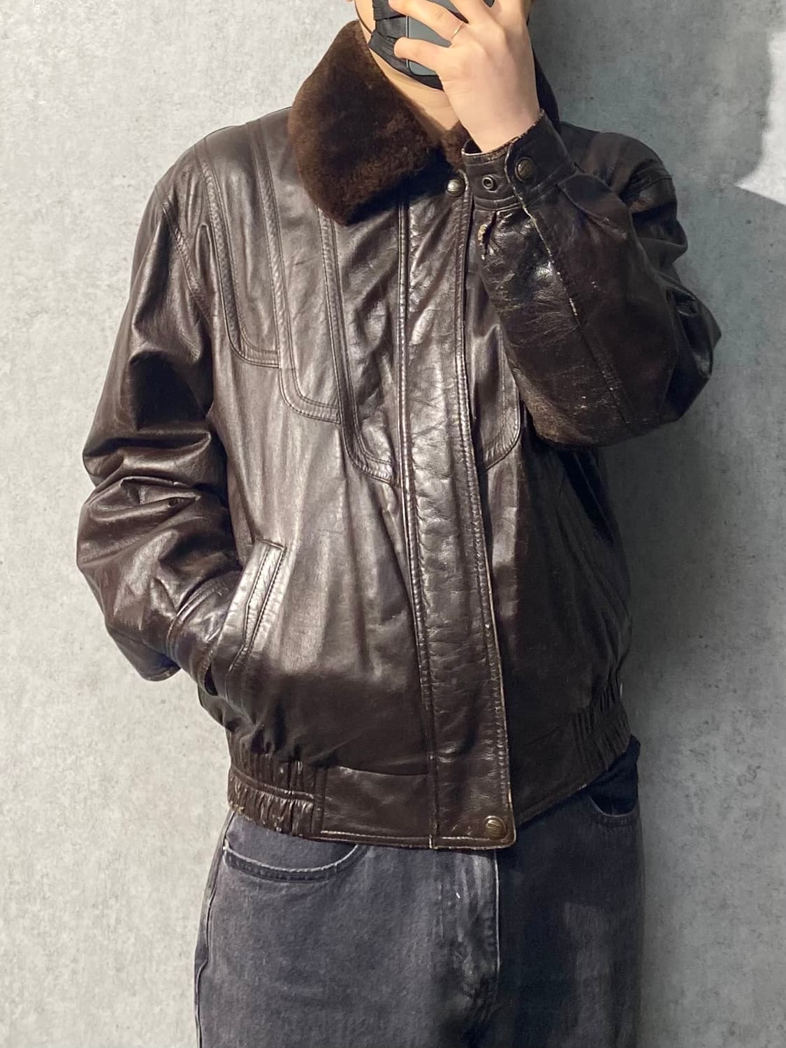 [95] 90s Hunky 브라운 양가죽 레더 봄버자켓 상품이미지10