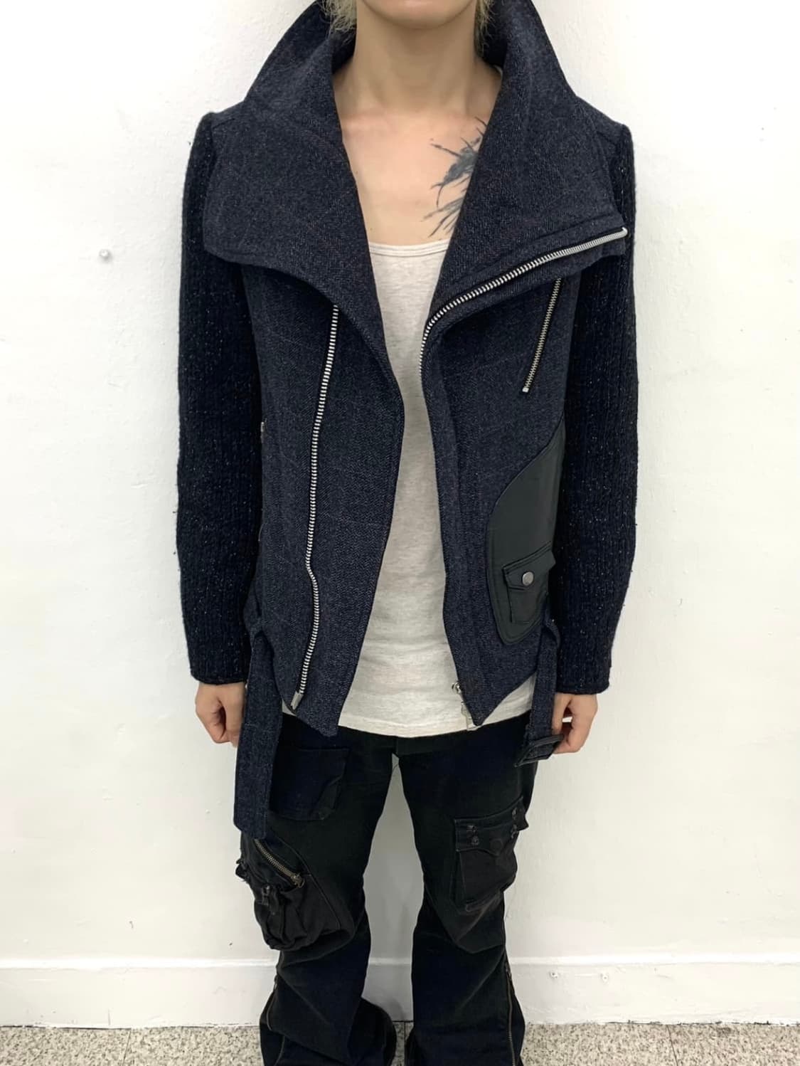 high neck leather patch knit jacket 상품이미지5