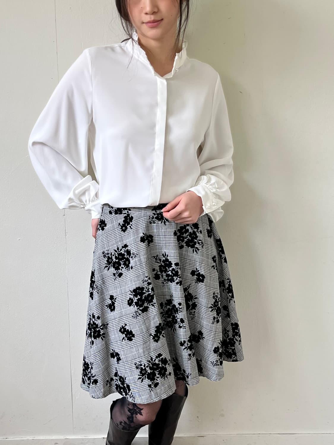 Japan vtg 체크 벨벳 플라워 스커트 상품이미지6