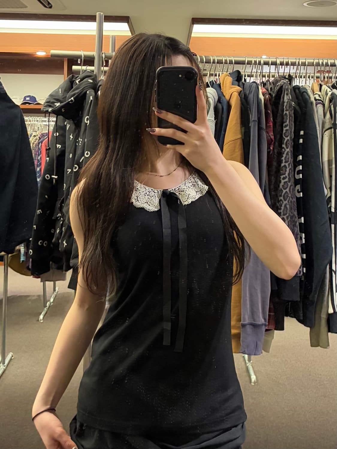 L)Japanese vintage 여성 레이스 리본 디테일 블랙 나시  상품이미지1